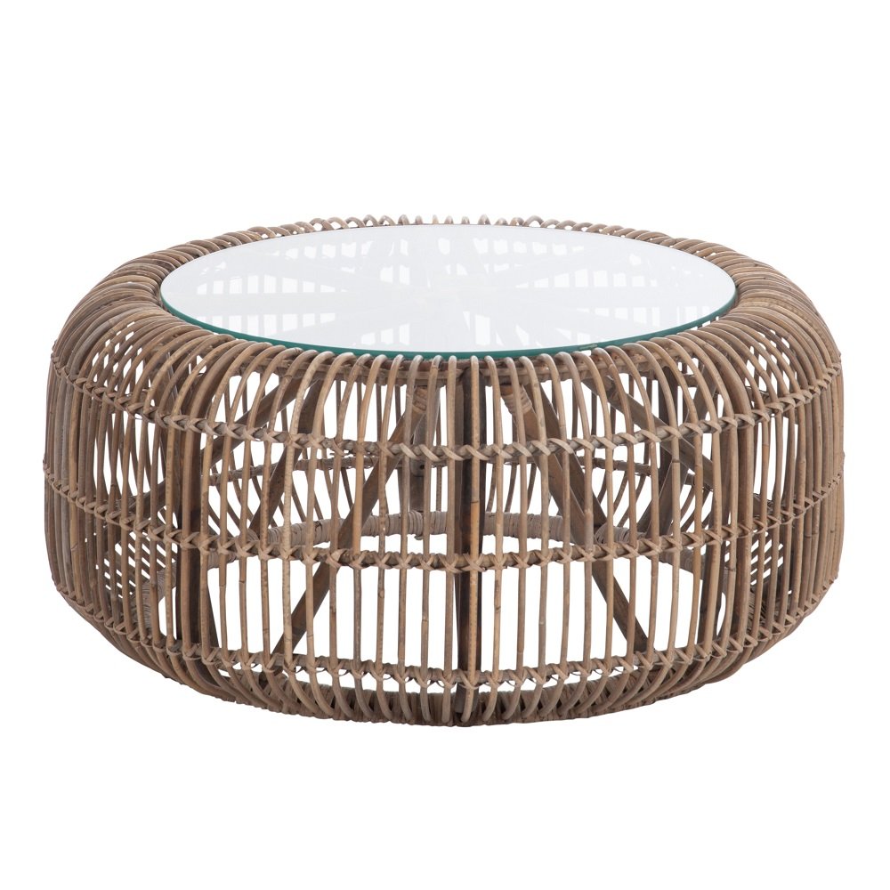 Table ronde BYZA en rotin naturel et verre.